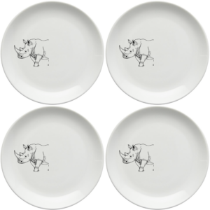 Durable ceramic plates featuring bold rhino artwork, perfect for everyday use.