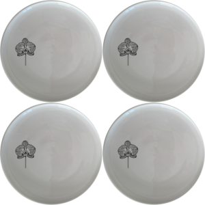 The Orchid Side Plate Set brings a touch of elegance to your dining table with its delicate laser-etched orchid design.