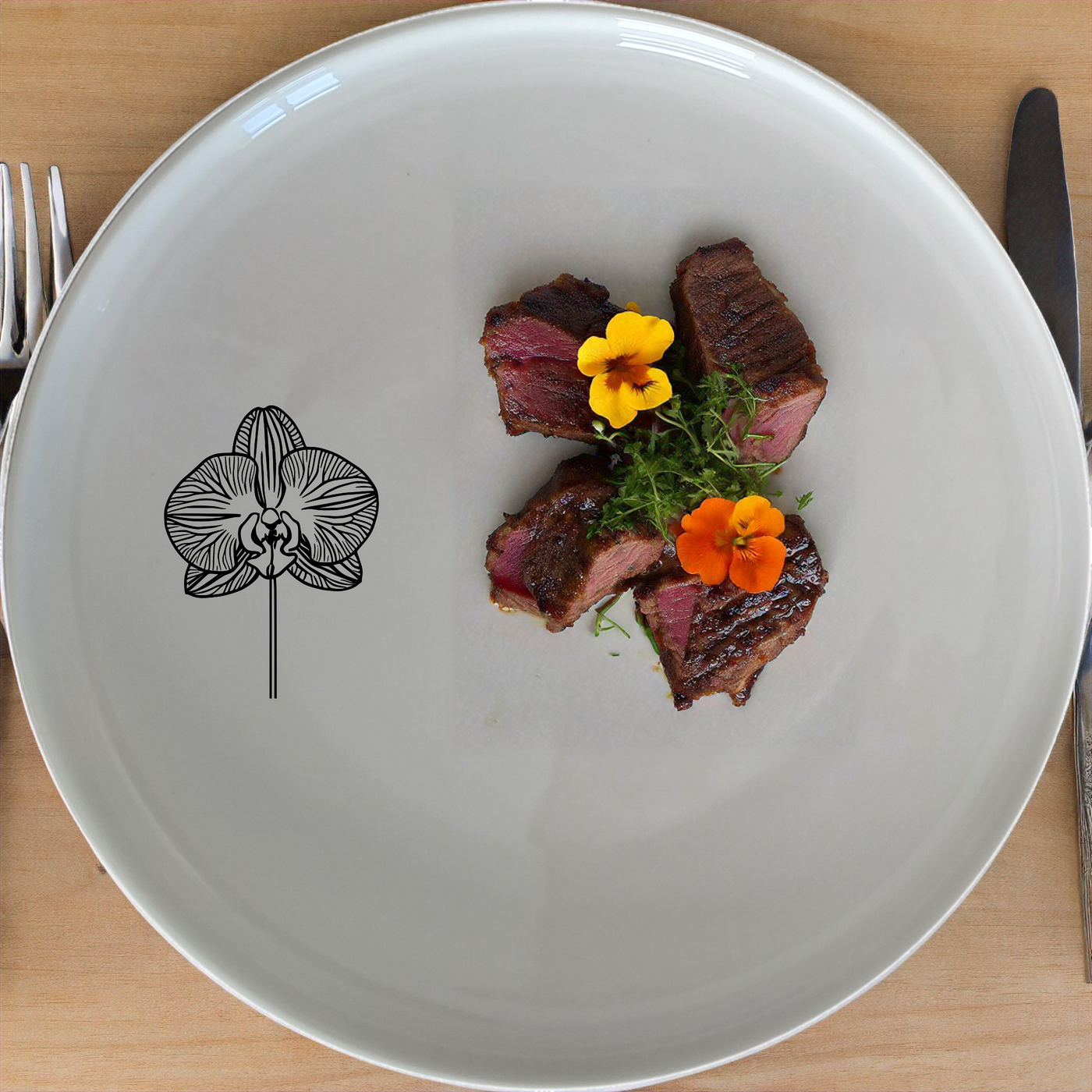 The Orchid Side Plate Set brings a touch of elegance to your dining table with its delicate laser-etched orchid design.
