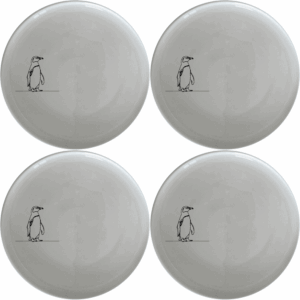 The African Penguin Dinner Plate Set of 4 features minimalist penguin silhouettes, perfect for modern dining and everyday use.