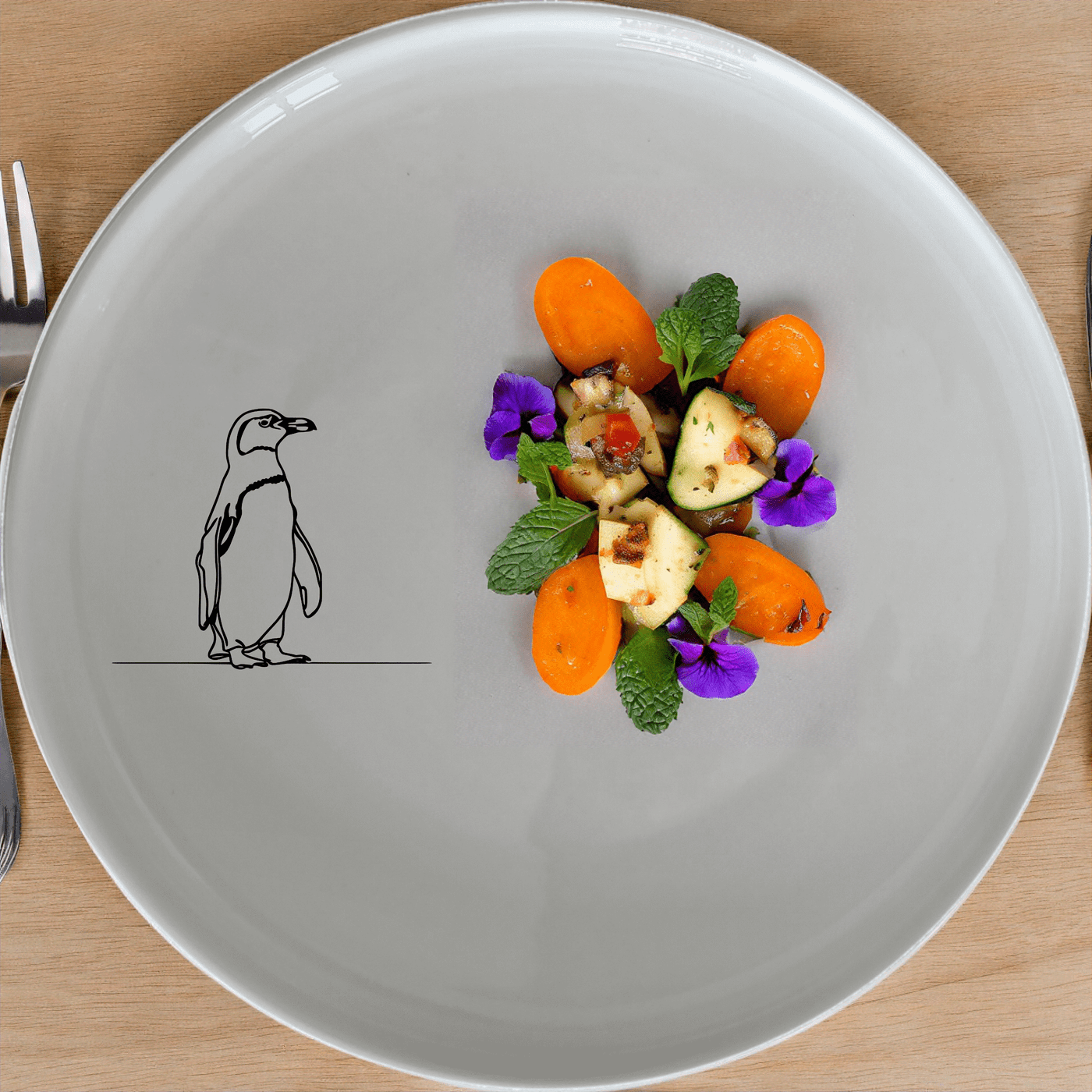 The African Penguin Side Plate Set of 4 features minimalist penguin silhouettes, perfect for modern dining and adding a touch of nature to your table.