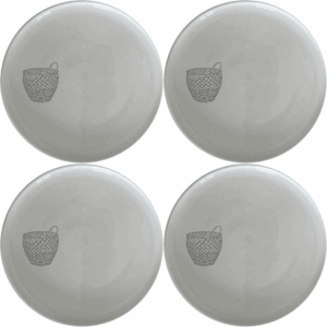The African Woven Basket Side Plate Set of 4 features a unique basket design etched onto white ceramic plates, perfect for modern dining.