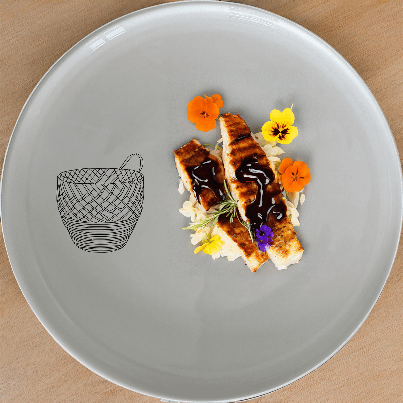 The African Woven Basket Side Plate Set of 4 features a unique basket design etched onto white ceramic plates, perfect for modern dining.