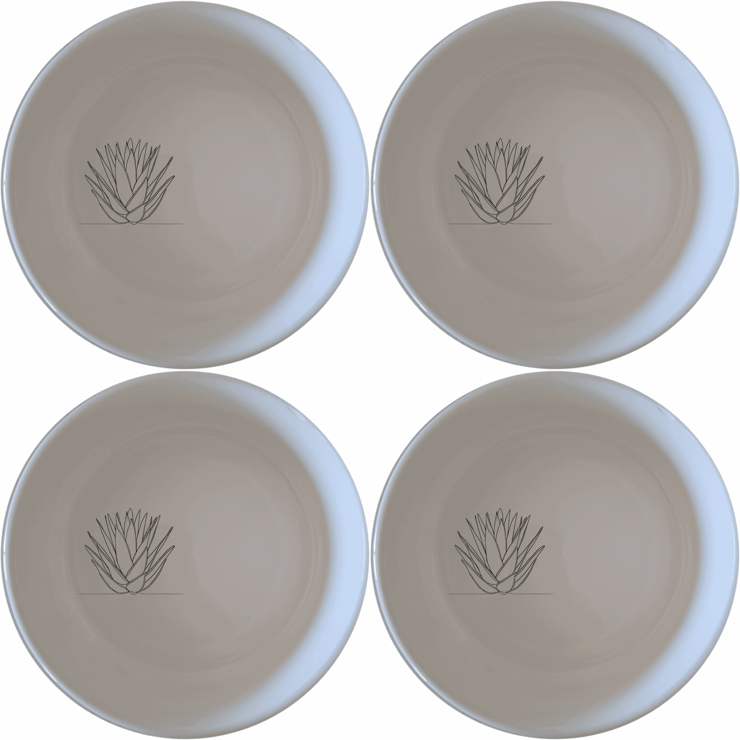 The Aloe Ferox Flower Spike Bowl Set of 4 features a minimalist design with a subtle botanical illustration, perfect for modern dining and everyday use.