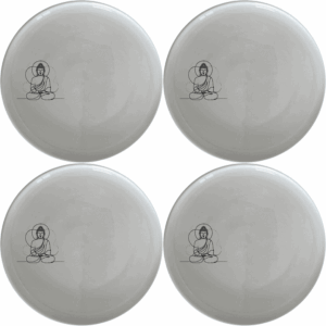 The Budist Imagery Side Plate Set of 4 features serene artwork perfect for any dining setting. This elegant set adds a touch of tranquility to your table.