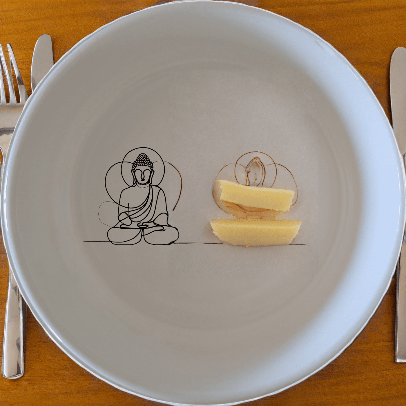 Budist Imagery Bowl Set of 4 offers a serene and minimalist design perfect for any dining table. This set of four white ceramic bowls features a subtle, laser-etched Buddha silhouette, bringing a touch of tranquility and elegance to your meals.