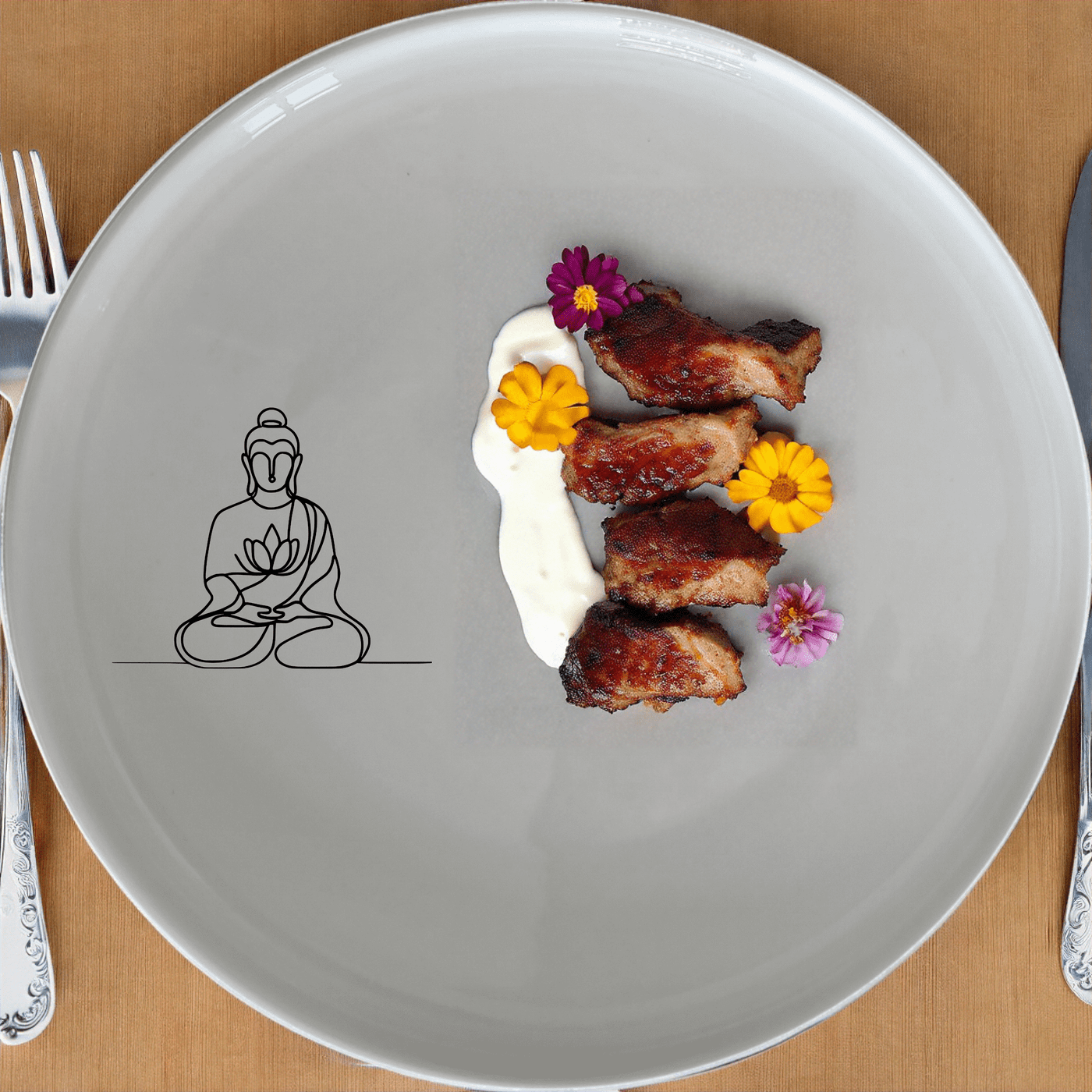 The Budist Imagery Dinner Plate Set of 4 features a serene and minimalist design, perfect for elevating your dining experience with a touch of tranquility and artistic elegance.