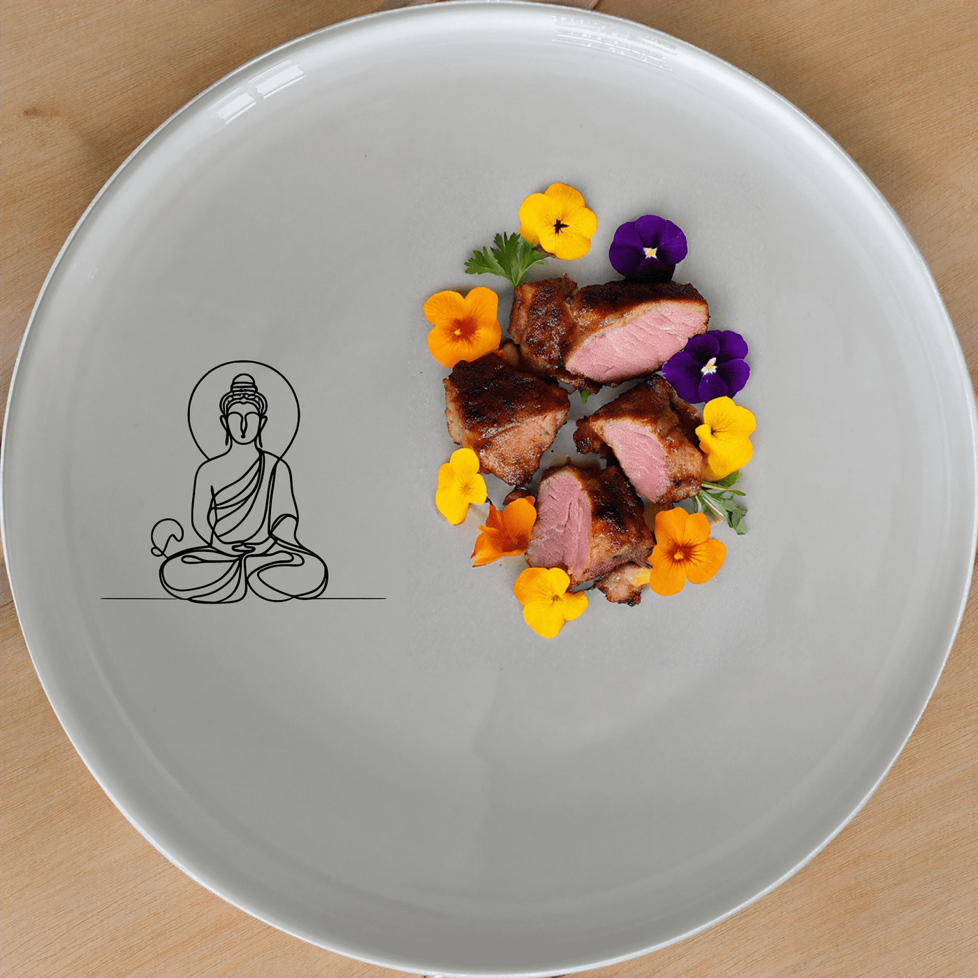 The Budist Imagery Dinner Plate Set of 4 features a serene and minimalist design, perfect for elevating any dining experience.