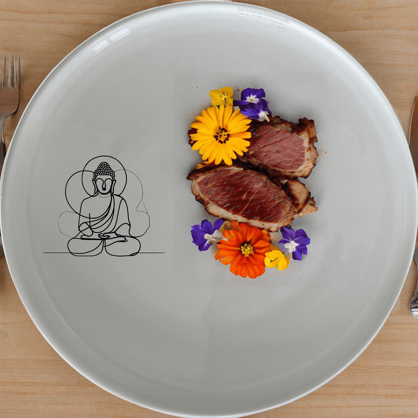 Budist Imagery Dinner Plate Set of 4 is a stunning collection of ceramic plates featuring serene Buddhist imagery, perfect for elevating any dining experience.