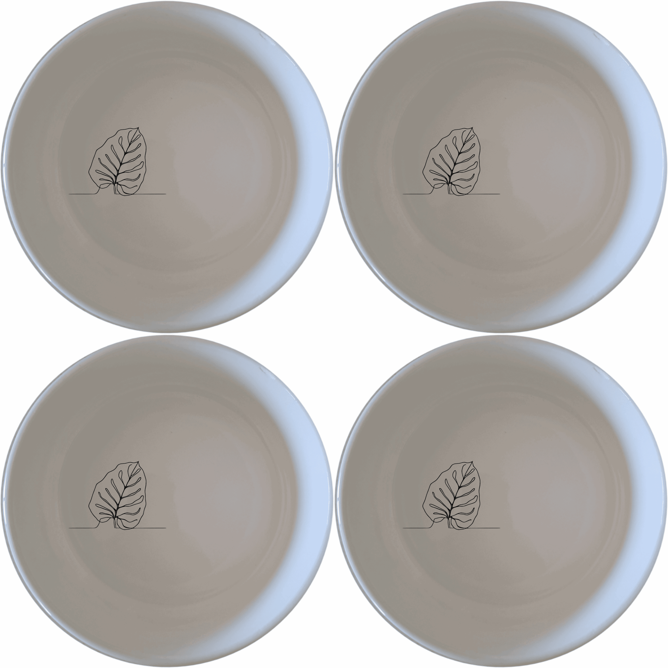 The Calathea Orbifolia Bowl Set of 4 features a minimalist design with a subtle leaf motif, perfect for modern and nature-inspired kitchens.