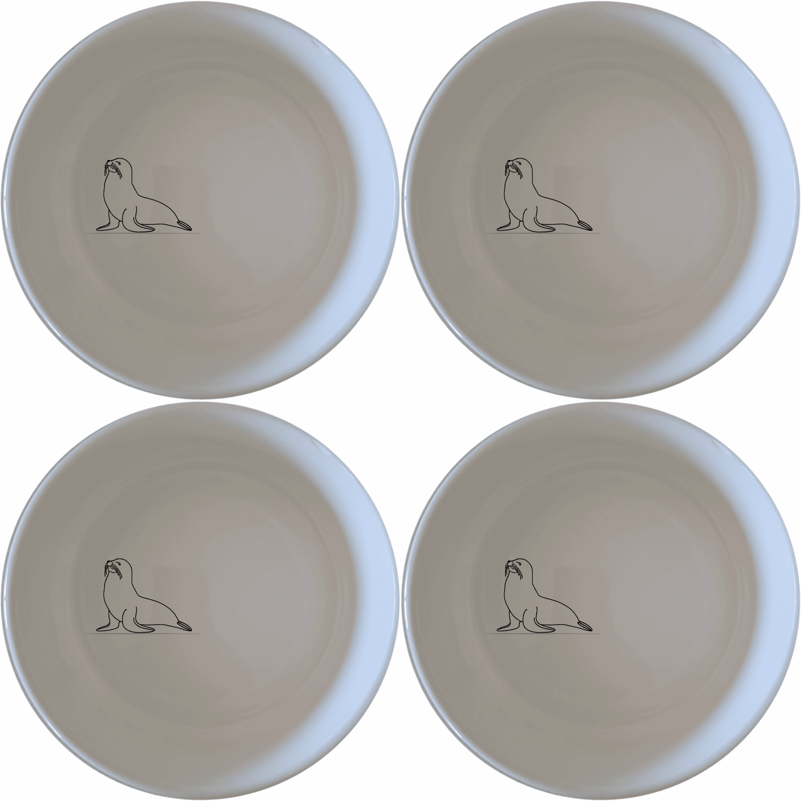 The Cape Fur Seal Bowl Set of 4 features sleek silhouettes on white ceramic, perfect for modern dining and everyday use.