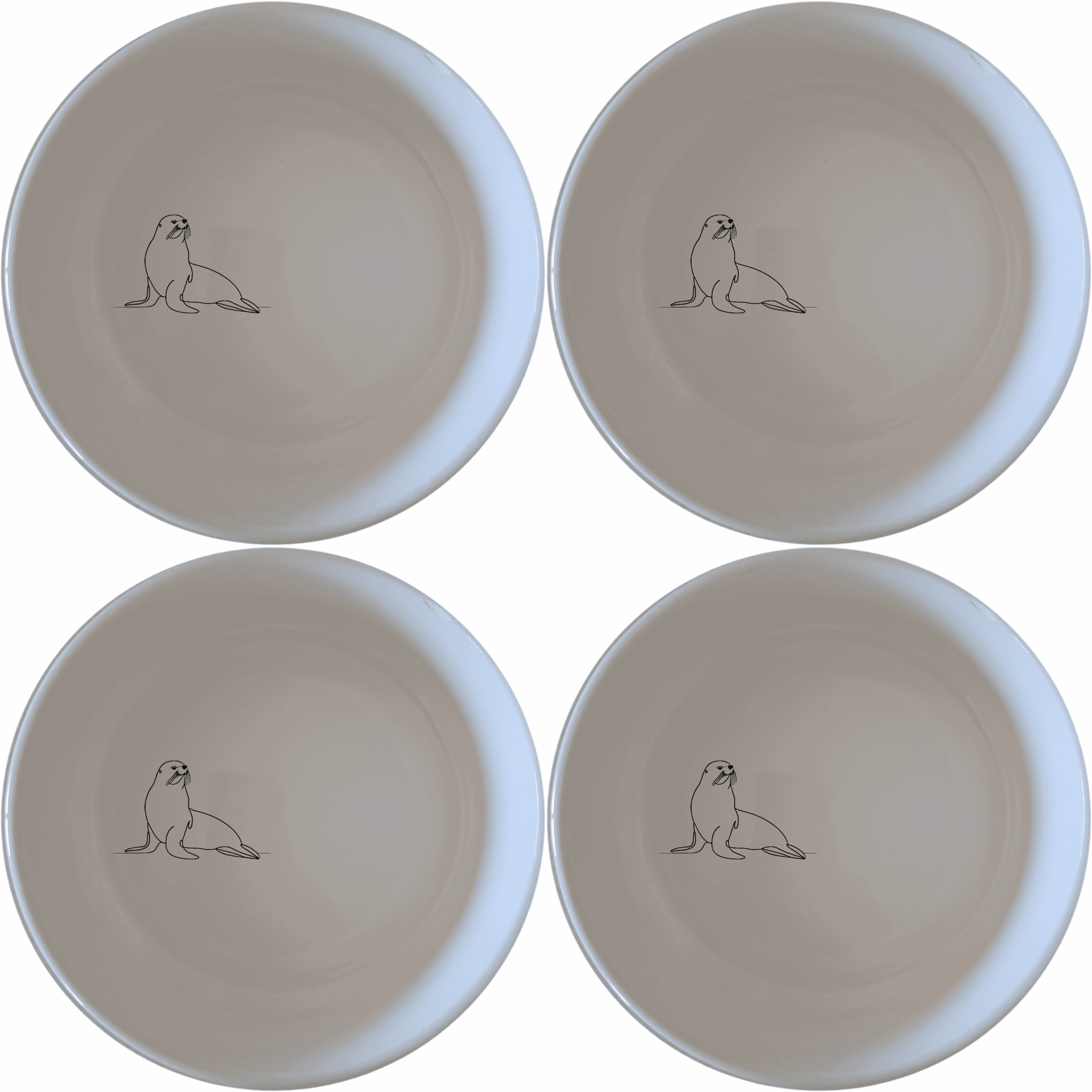 The Cape Fur Seal Bowl Set of 4 features elegant silhouettes on white ceramic, perfect for modern dining and gifting.