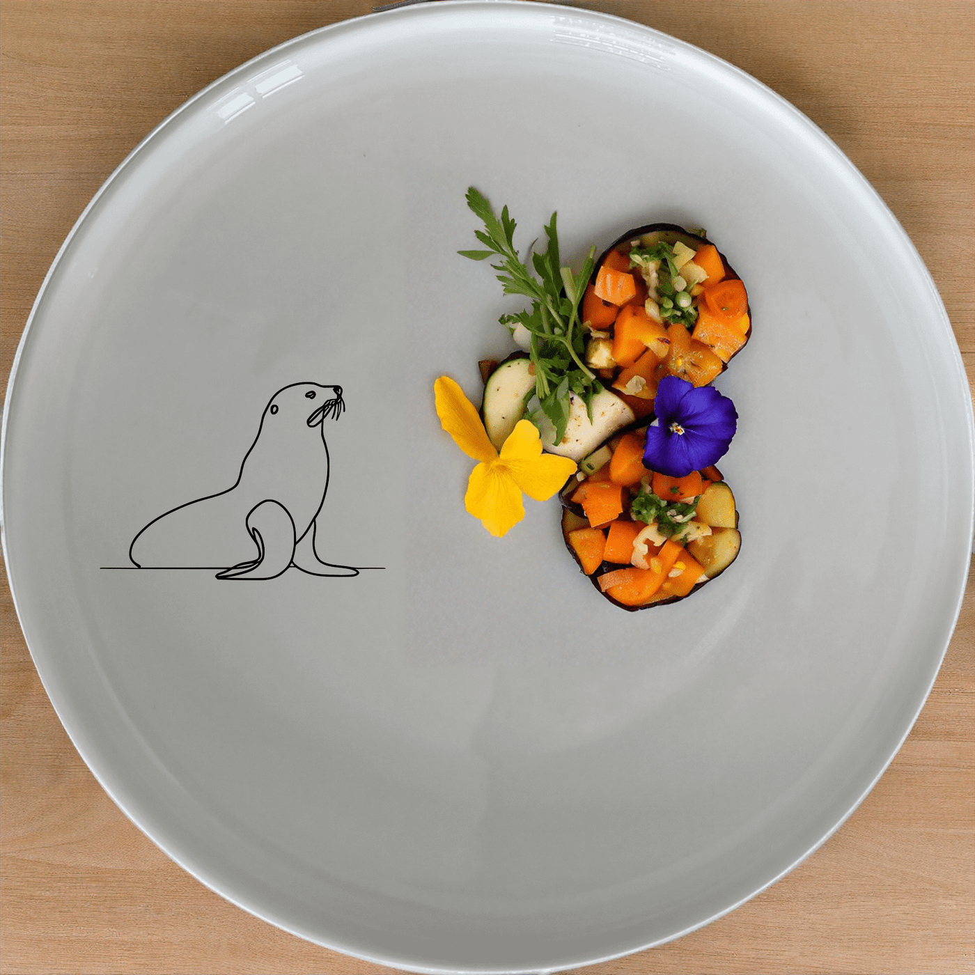 The Cape Fur Seal Side Plate Set of 4 features minimalist silhouettes on white ceramic plates, perfect for modern dining.