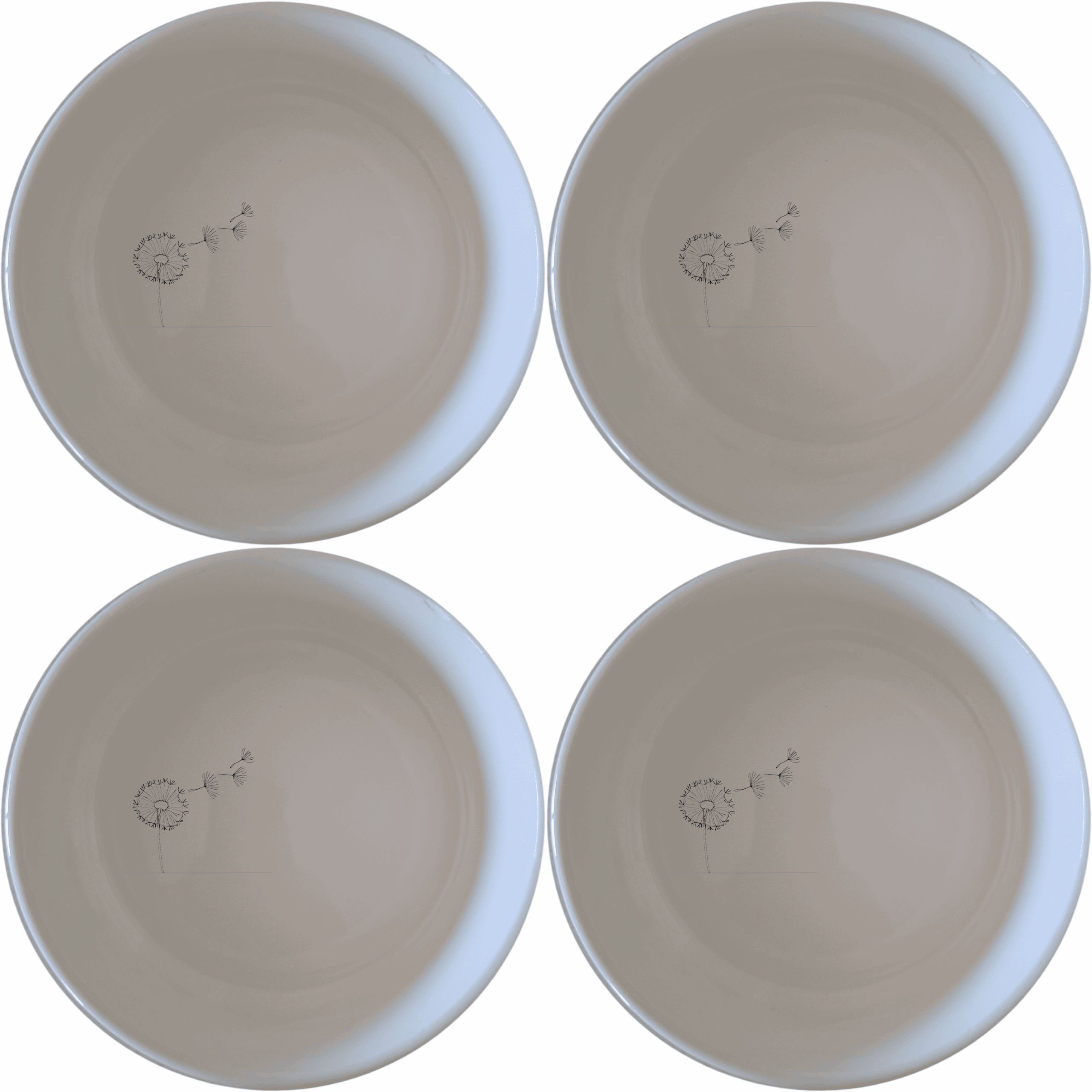 The Dandelion Seeds Wind Bowl Set of 4 features delicate laser-etched designs on white ceramic bowls, perfect for a modern and minimalist kitchen.