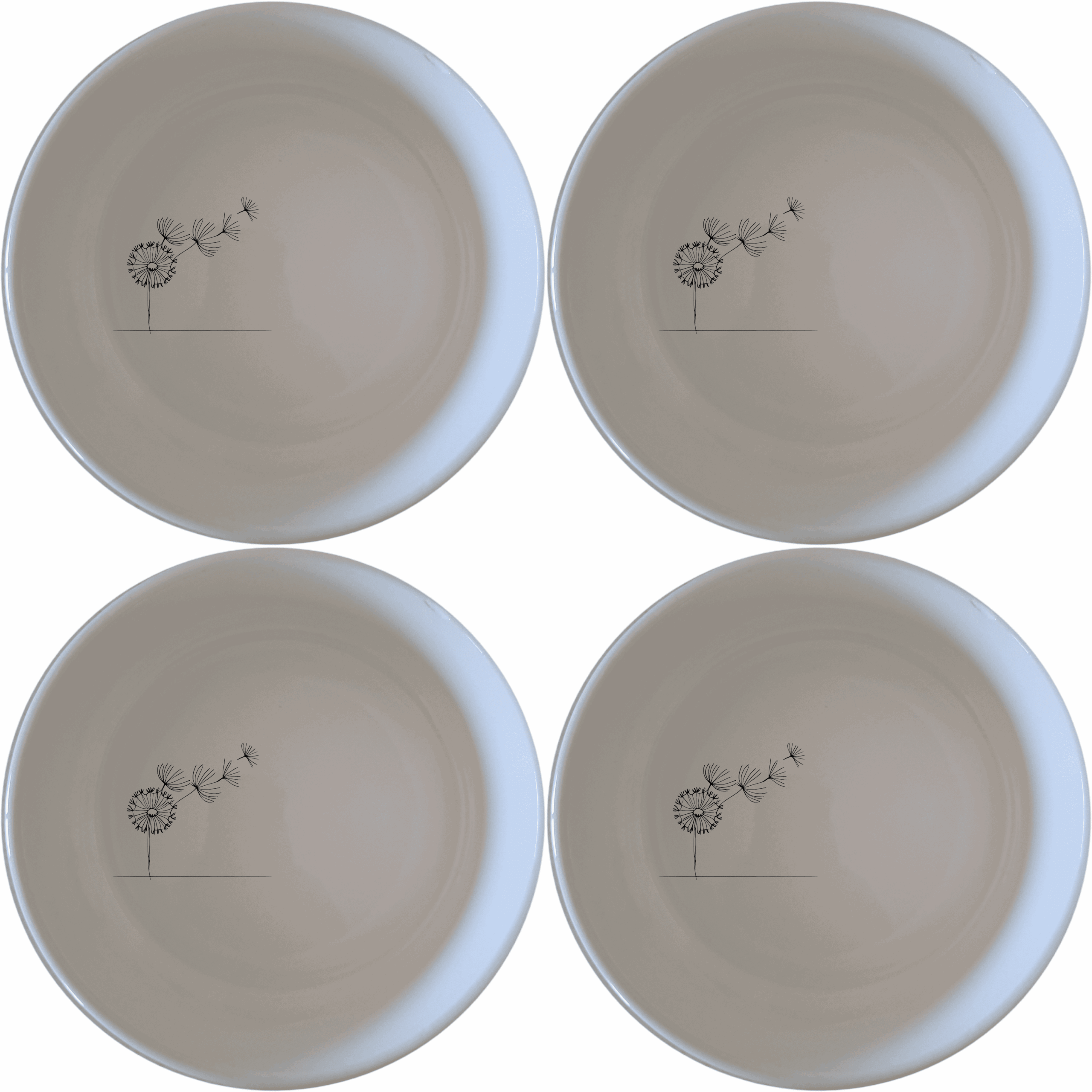 The Dandelion Seeds Wind Bowl Set of 4 features delicate laser-etched designs on white ceramic bowls, perfect for a modern and minimalist dining experience.