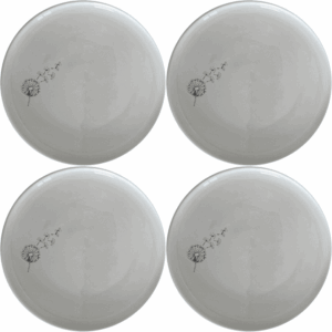 The Dandelion Seeds Side Plate Set of 4 features delicate laser-etched designs on white ceramic plates, perfect for everyday use and special occasions.