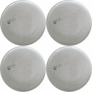 The Dandelion Seeds Dinner Plate Set of 4 features delicate laser-etched designs on white ceramic plates, perfect for everyday elegance and special occasions.