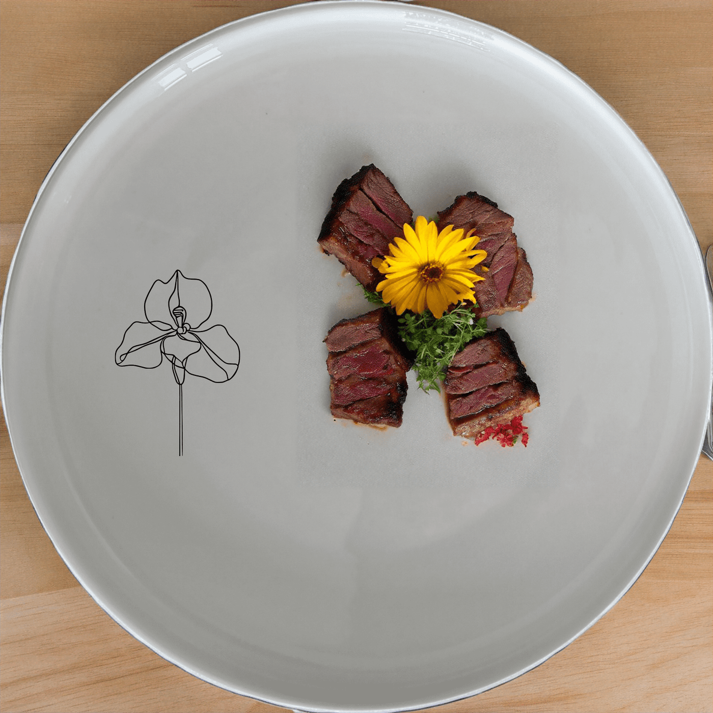 The Delicate Disa Flower Dinner Plate Set of 4 features an elegant laser-etched orchid design on a sleek white ceramic surface, perfect for elevating any dining experience.
