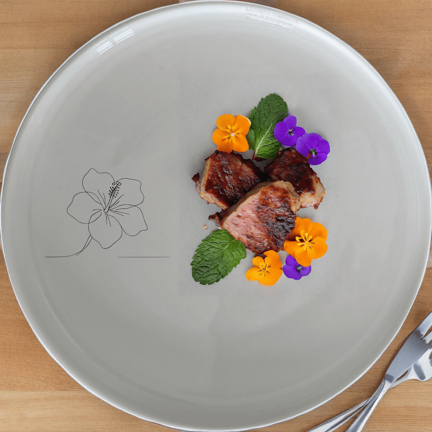 The Delicate Hibiscus Flower Dinner Plate Set of 4 features a minimalist design with an elegant hibiscus flower etched onto a smooth white ceramic surface, perfect for any dining occasion.