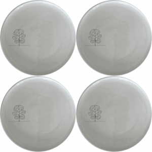 The Fiddle Leaf Dinner Plate Set of 4 features a minimalist design with a subtle leaf motif, perfect for modern dining settings.