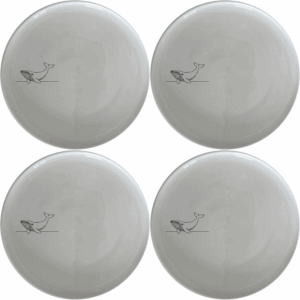 The Floating Breaching Whale Dinner Plate Set of 4 features a minimalist silhouette design, perfect for modern dining settings.