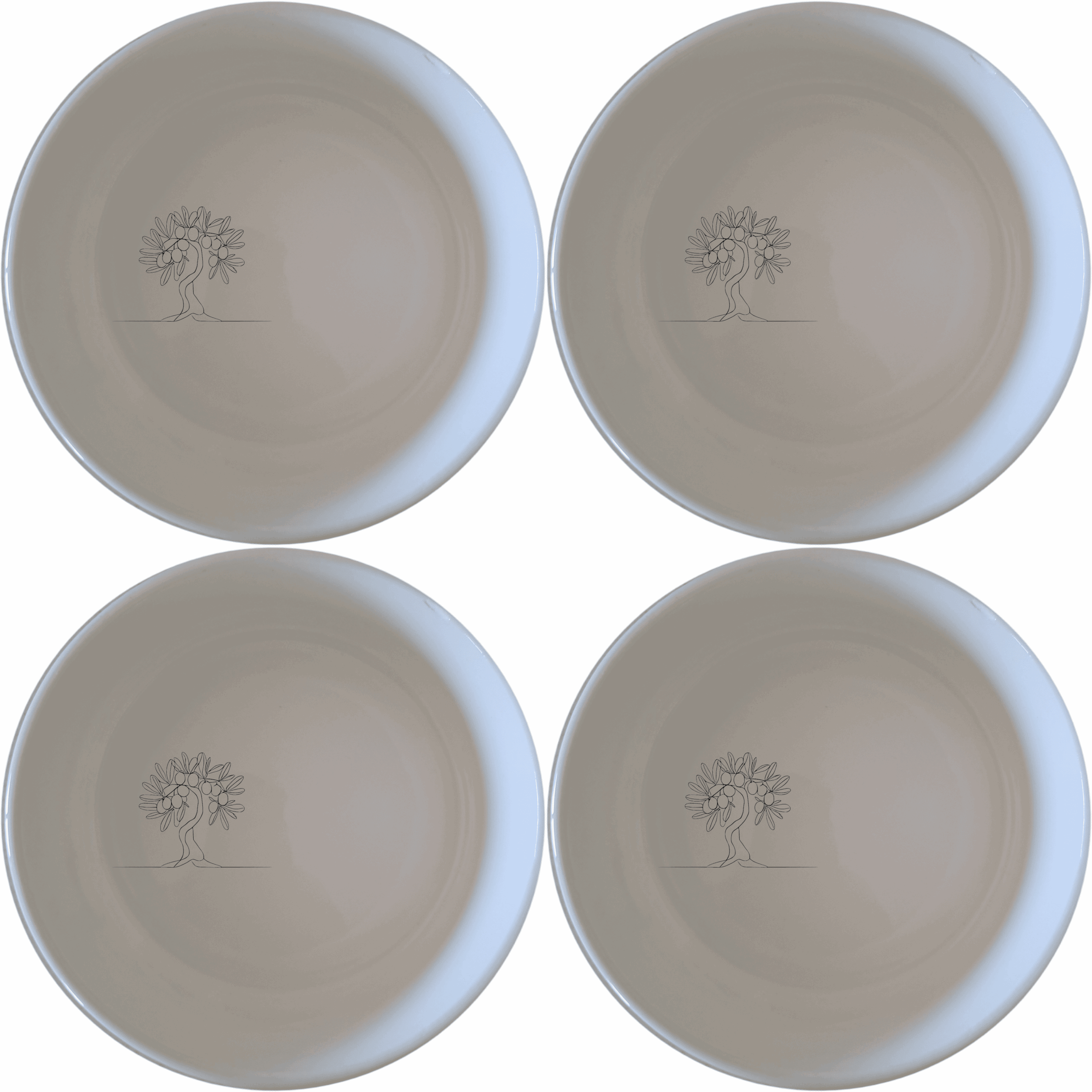 The Grecian Olive Tree Bowl Set of 4 features a minimalist olive tree design, perfect for adding a touch of Mediterranean elegance to your dining table.