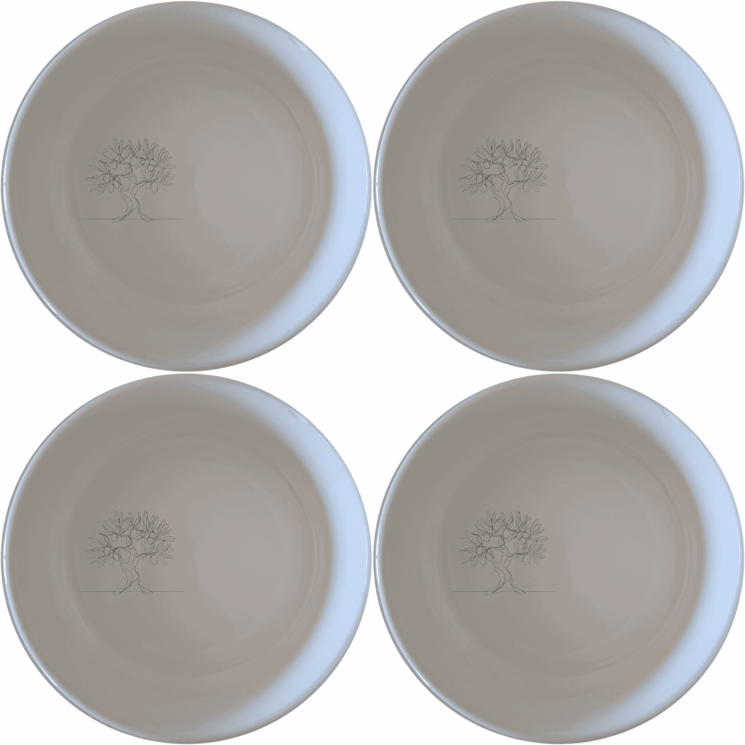 The Grecian Olive Tree Bowl Set of 4 features a minimalist olive tree design, perfect for adding a touch of Mediterranean elegance to your dining experience.