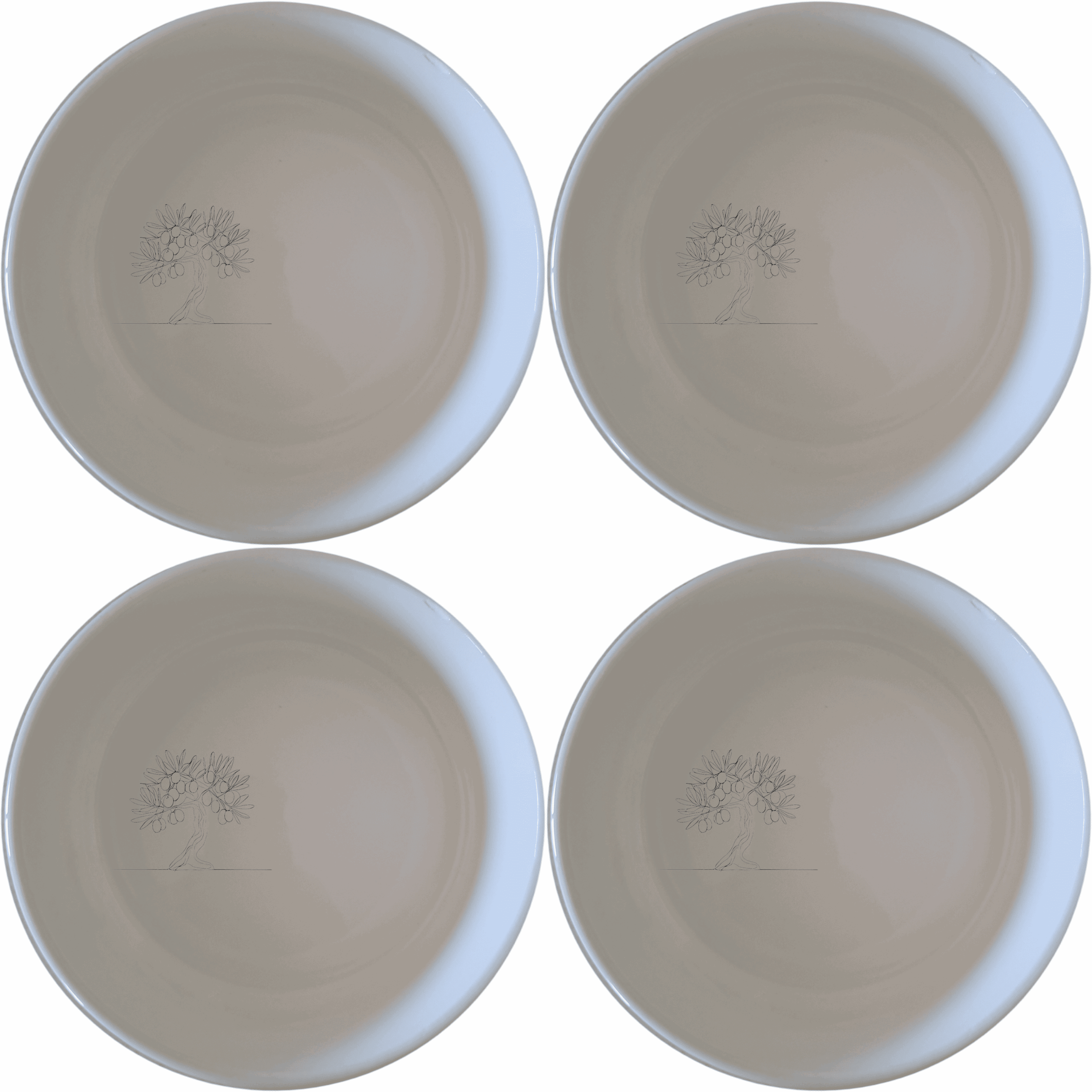 The Grecian Olive Tree Bowl Set of 4 features a delicate olive tree design, perfect for adding a touch of Mediterranean elegance to your dining experience.