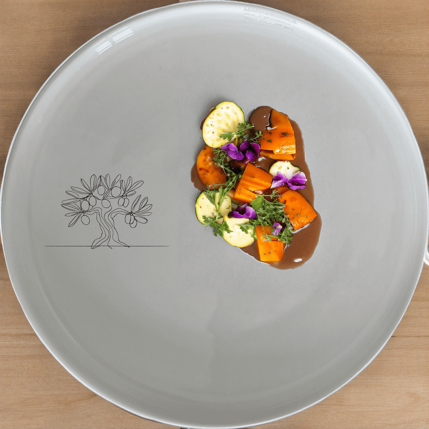 The Olive Tree Dinner Plate Set of 4 features a minimalist design with an olive tree graphic, perfect for modern dining and everyday use.