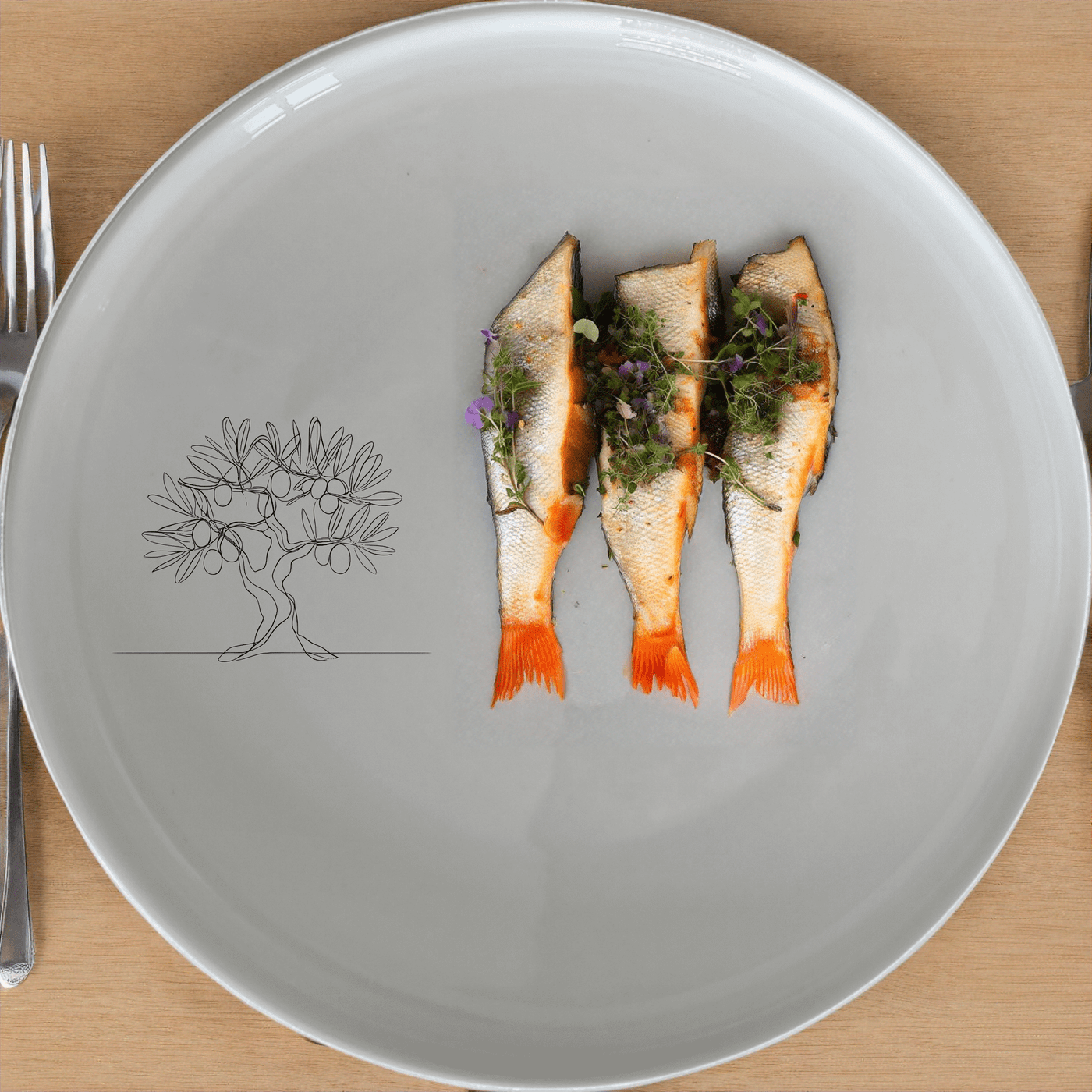 The Olive Tree Dinner Plate Set of 4 features a minimalist design with an olive tree graphic, perfect for modern dining settings.