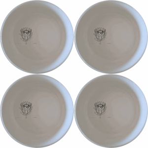 The King Protea Flower Bowl Set of 4 features a botanical illustration of the iconic King Protea flower, making it a perfect addition to any dining collection.