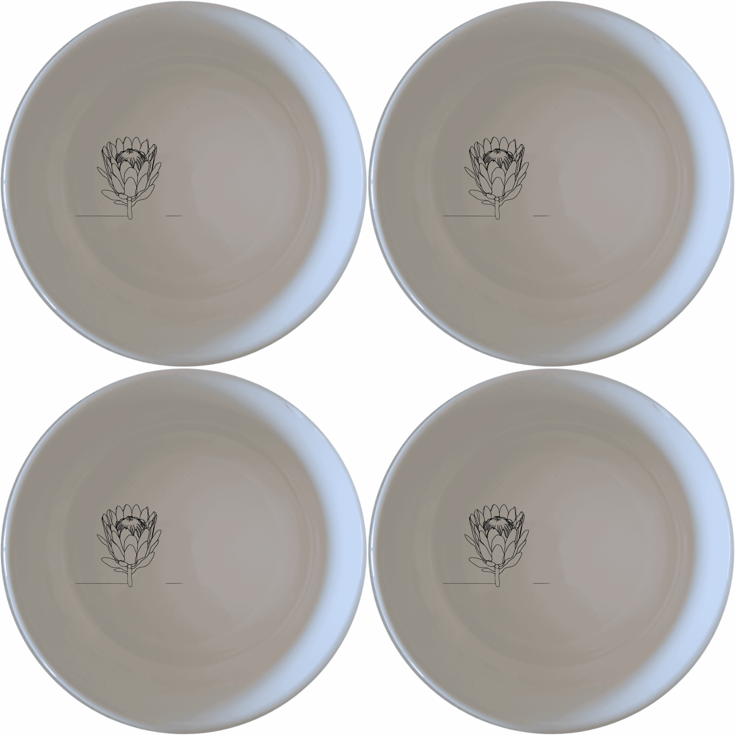The King Protea Flower Bowl Set of 4 features a botanical illustration of the iconic King Protea flower, making it a perfect addition to any dining collection.
