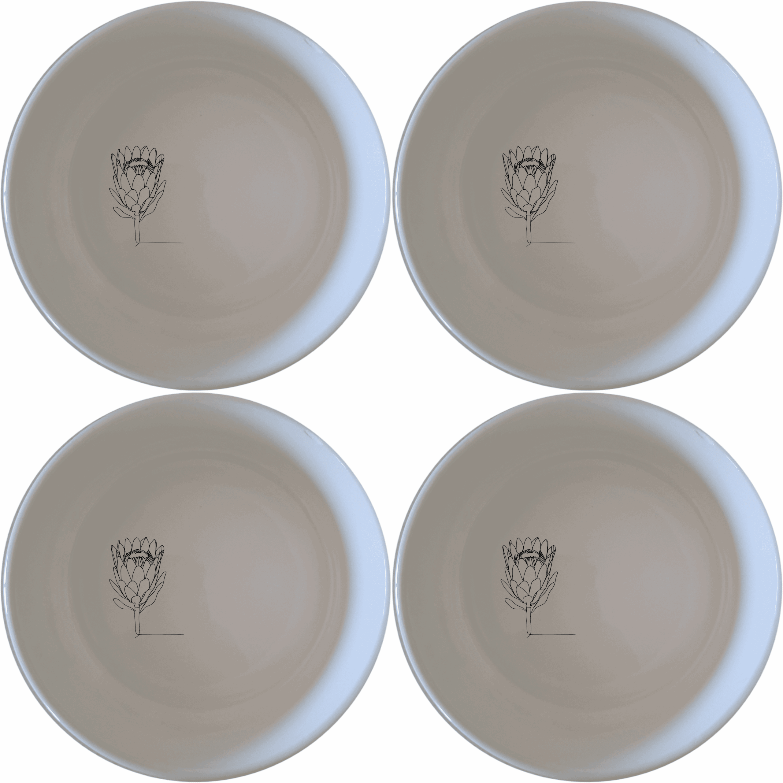 The King Protea Flower Bowl Set of 4 features a delicate botanical illustration, perfect for adding a touch of nature to your dining experience.