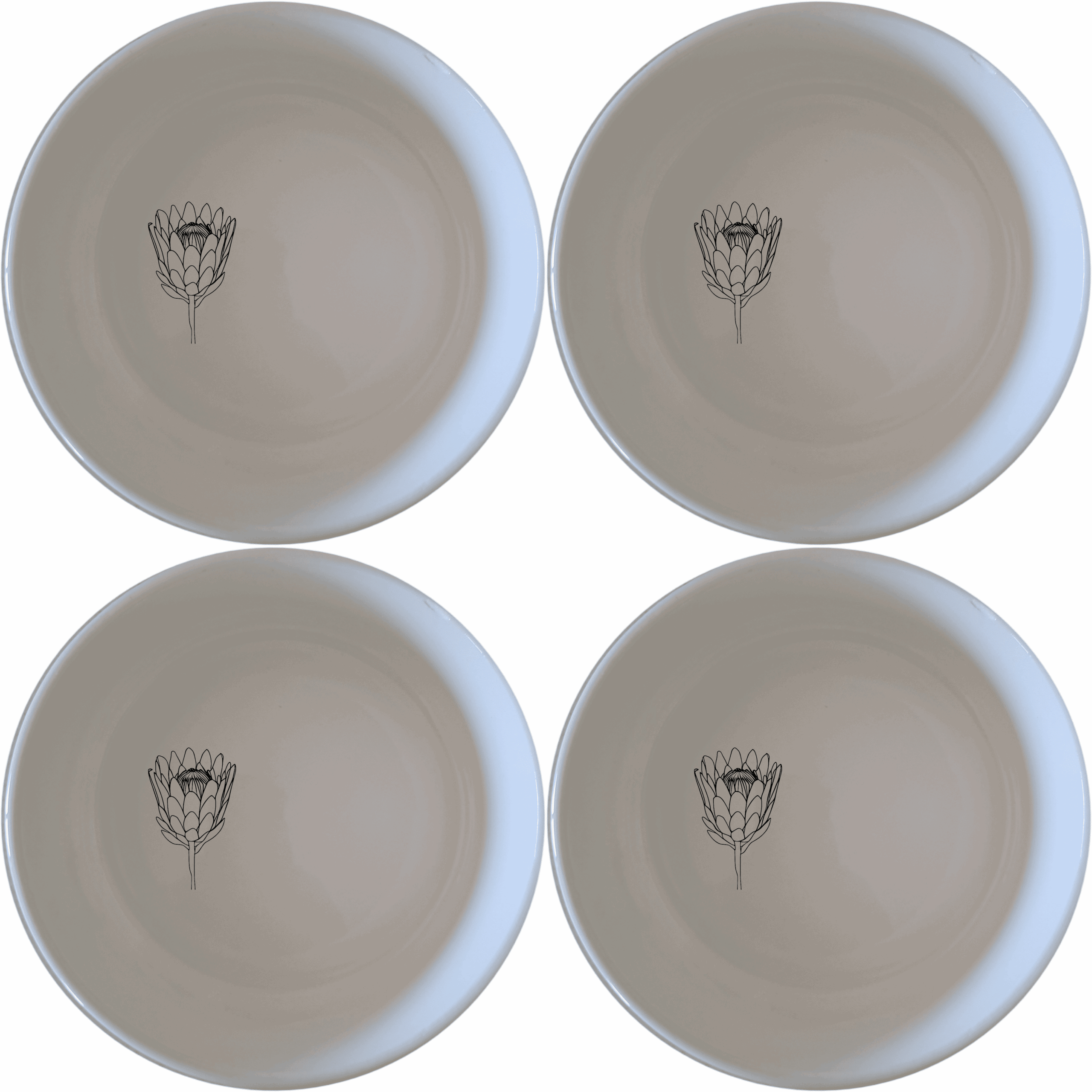 The King Protea Flower Bowl Set of 4 features elegant botanical designs perfect for any dining occasion.