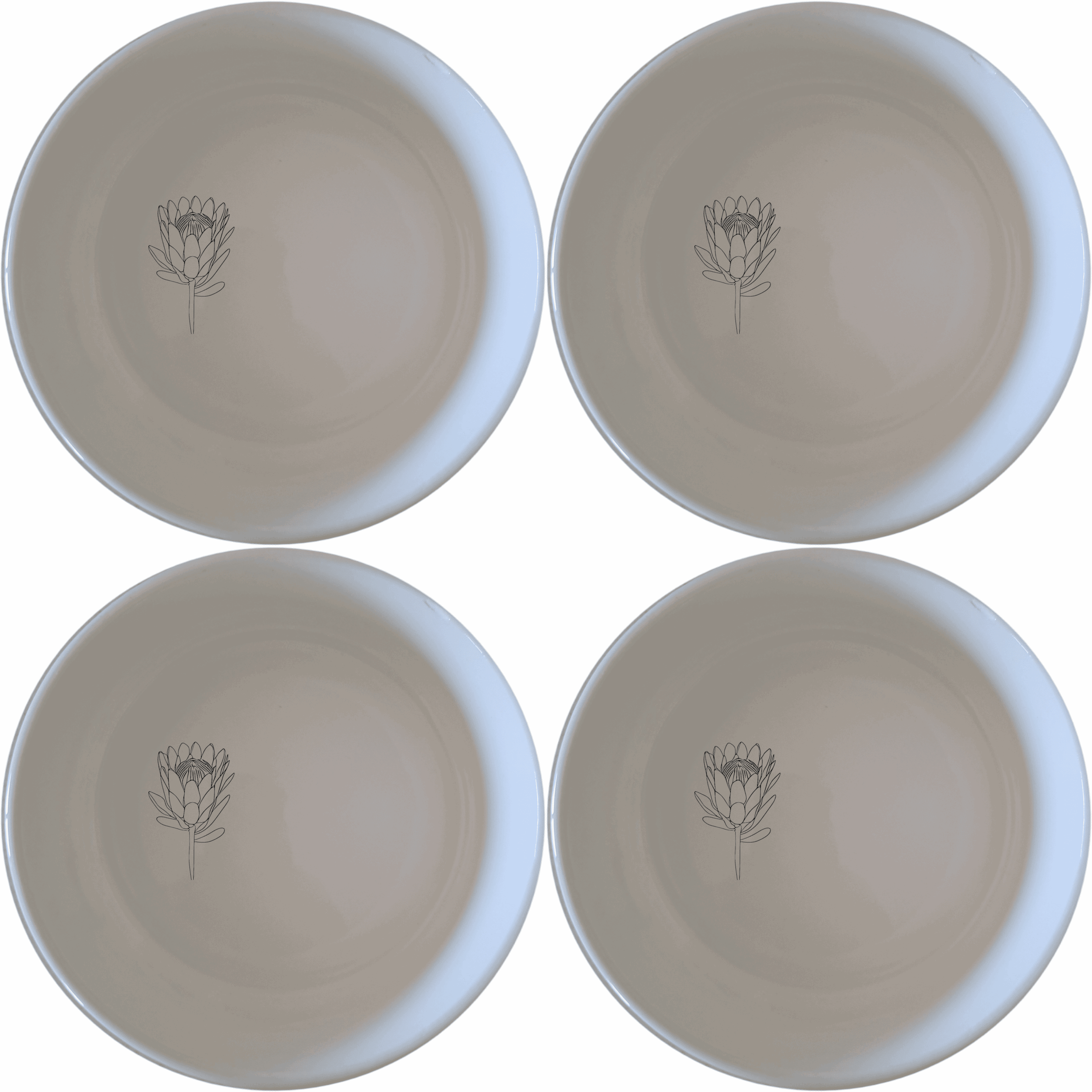 The King Protea Flower Bowl Set of 4 features elegant botanical designs perfect for any dining occasion.