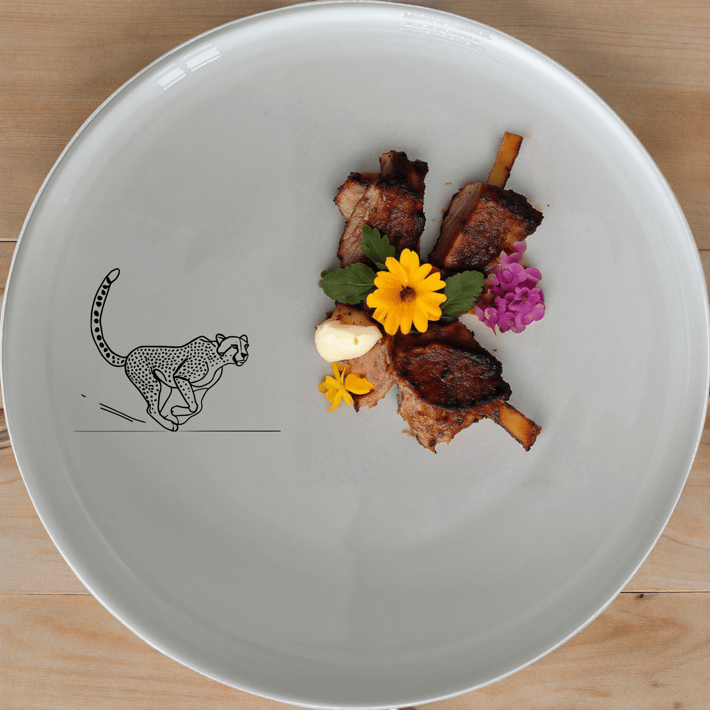 Running Cheeta Dinner Plate Set of 4 - Range 1 is a stunning set of four dinner plates featuring an elegant cheetah design, perfect for any dining occasion.