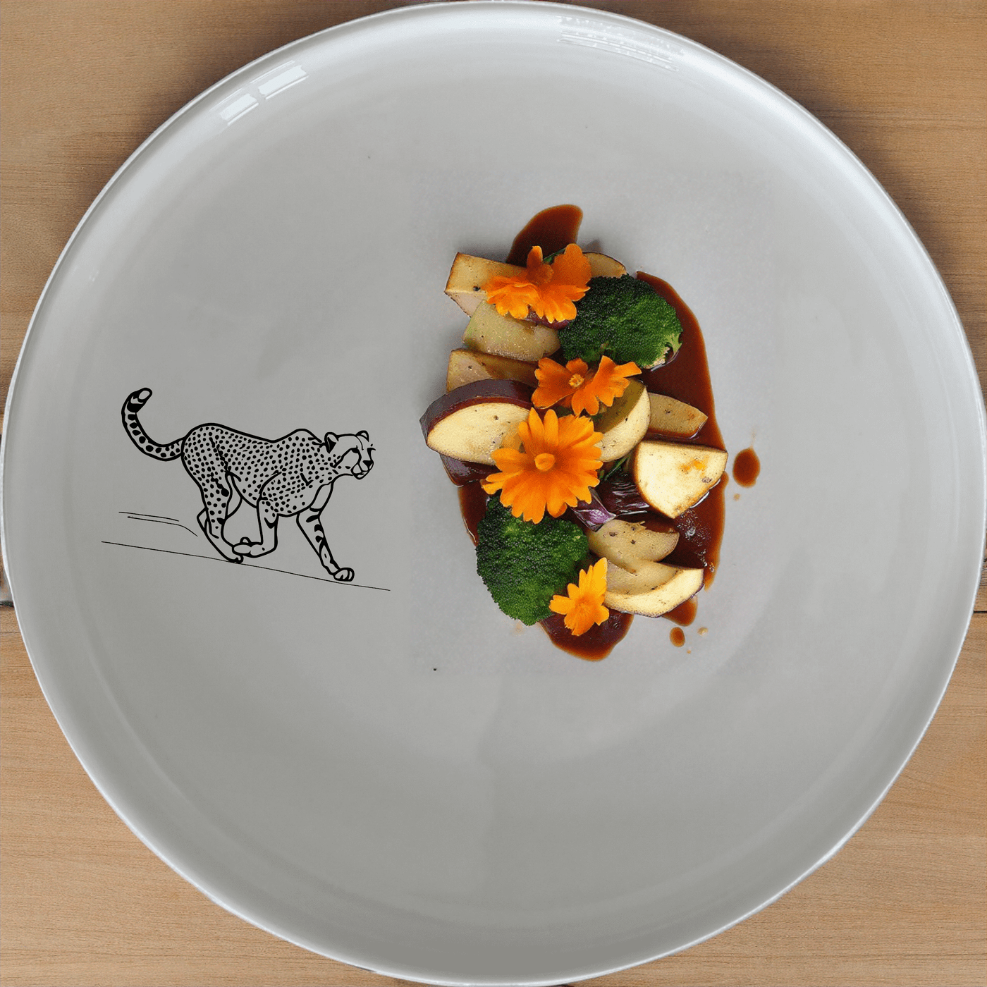 Running Cheeta Dinner Plate Set of 4 - Range 3 is a stylish and elegant dinner plate set featuring a cheetah in mid-stride, perfect for modern dining.