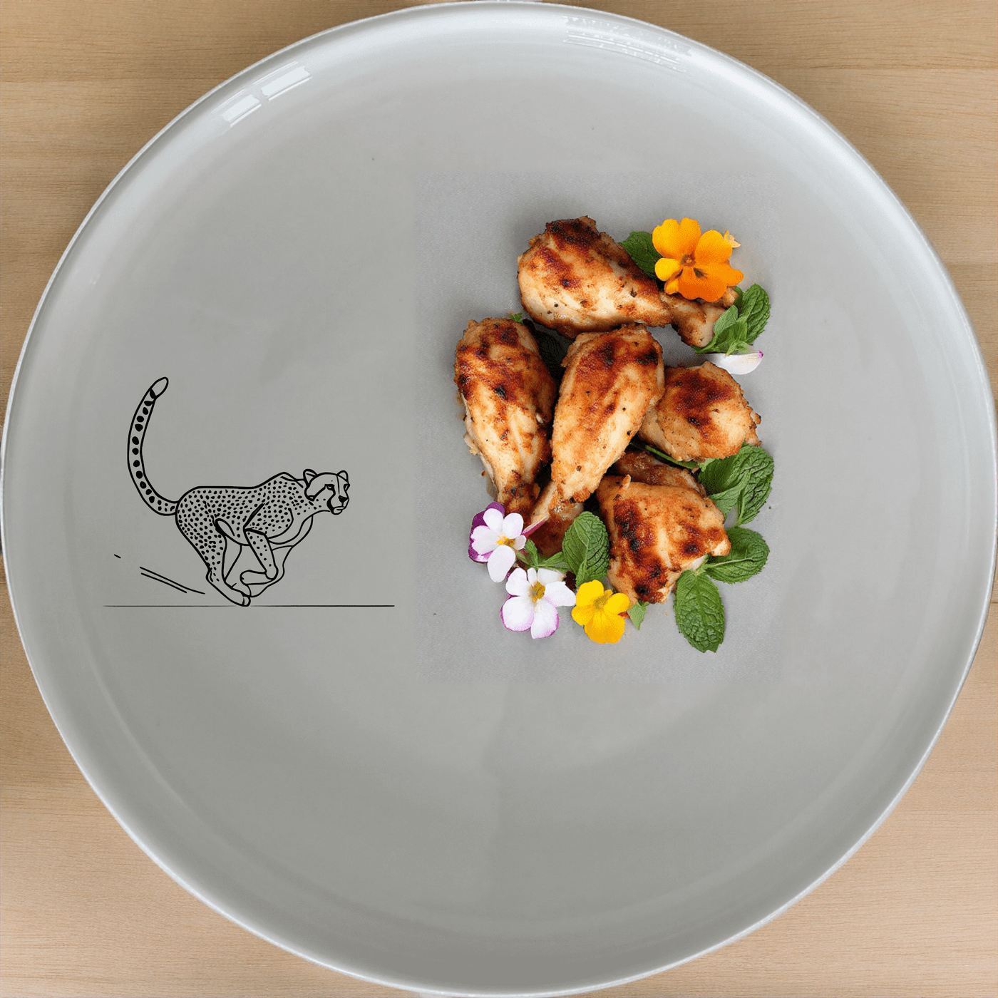 The Running Cheeta Side Plate Set of 4 - Range 1 features a sleek cheetah design, perfect for adding a touch of wildlife elegance to your dining table.