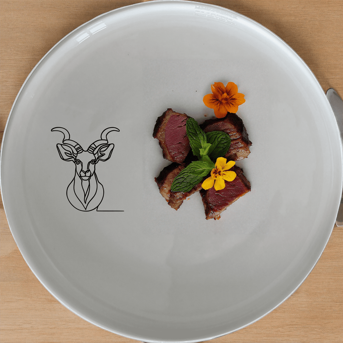 The Kudu Spiral Horns Majestic Bust Side Plate Set of 4 features elegant wildlife artistry in a modern, minimalist design perfect for any dining setting.