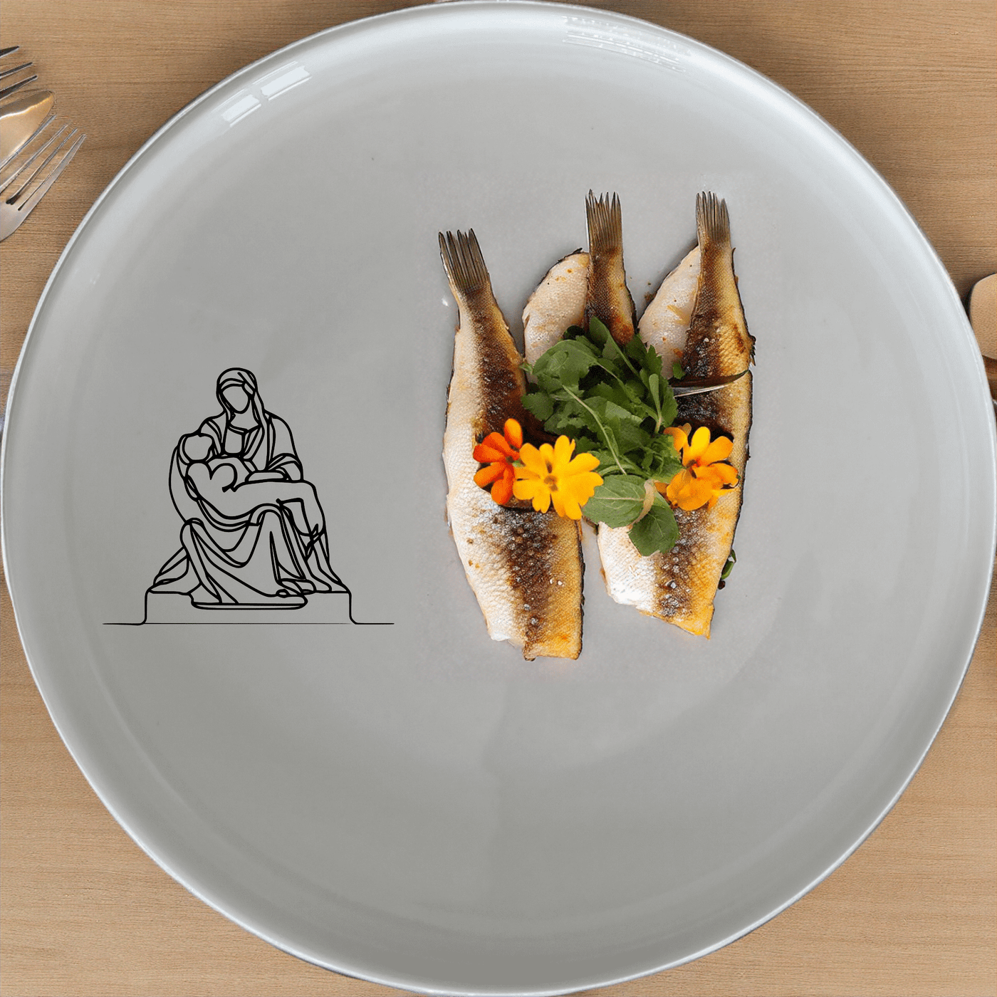 The Pieta Art Side Plate Set of 4 - Range 2 features a timeless design inspired by classical art, perfect for elevating any dining experience.
