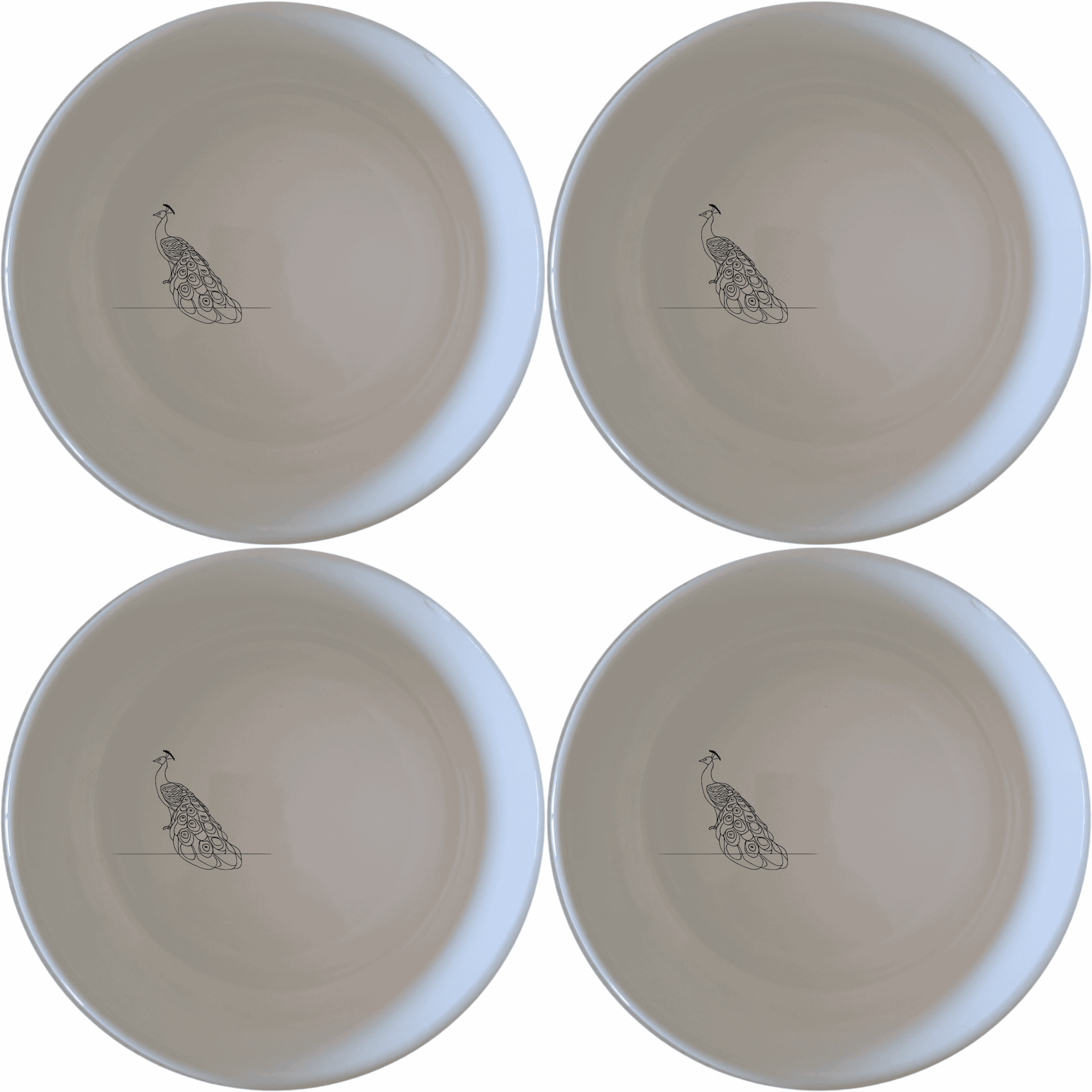 The Male Peacock Flat Bowl Set of 4 adds a touch of elegance to your dining table with its intricate design and classic white ceramic finish.