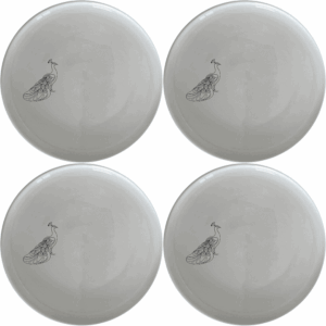 The Male Peacock Side Plate Set of 4 features an elegant design perfect for any dining table. This set includes four white ceramic plates with a subtle peacock motif, ideal for both everyday use and special occasions.