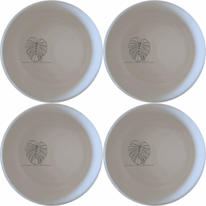 The Monstera Deliciosa Bowl Set of 4 features a modern, minimalist design with a subtle leaf motif, perfect for everyday use or special occasions.
