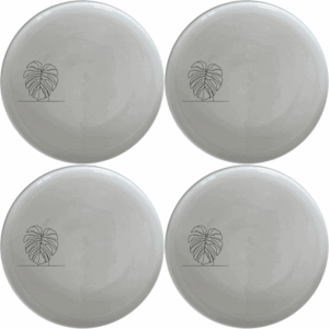 Monstera Deliciosa Dinner Plate Set of 4 features a sleek, modern design perfect for any dining table. This set includes four elegant dinner plates with a subtle leaf motif, ideal for both everyday use and special occasions.