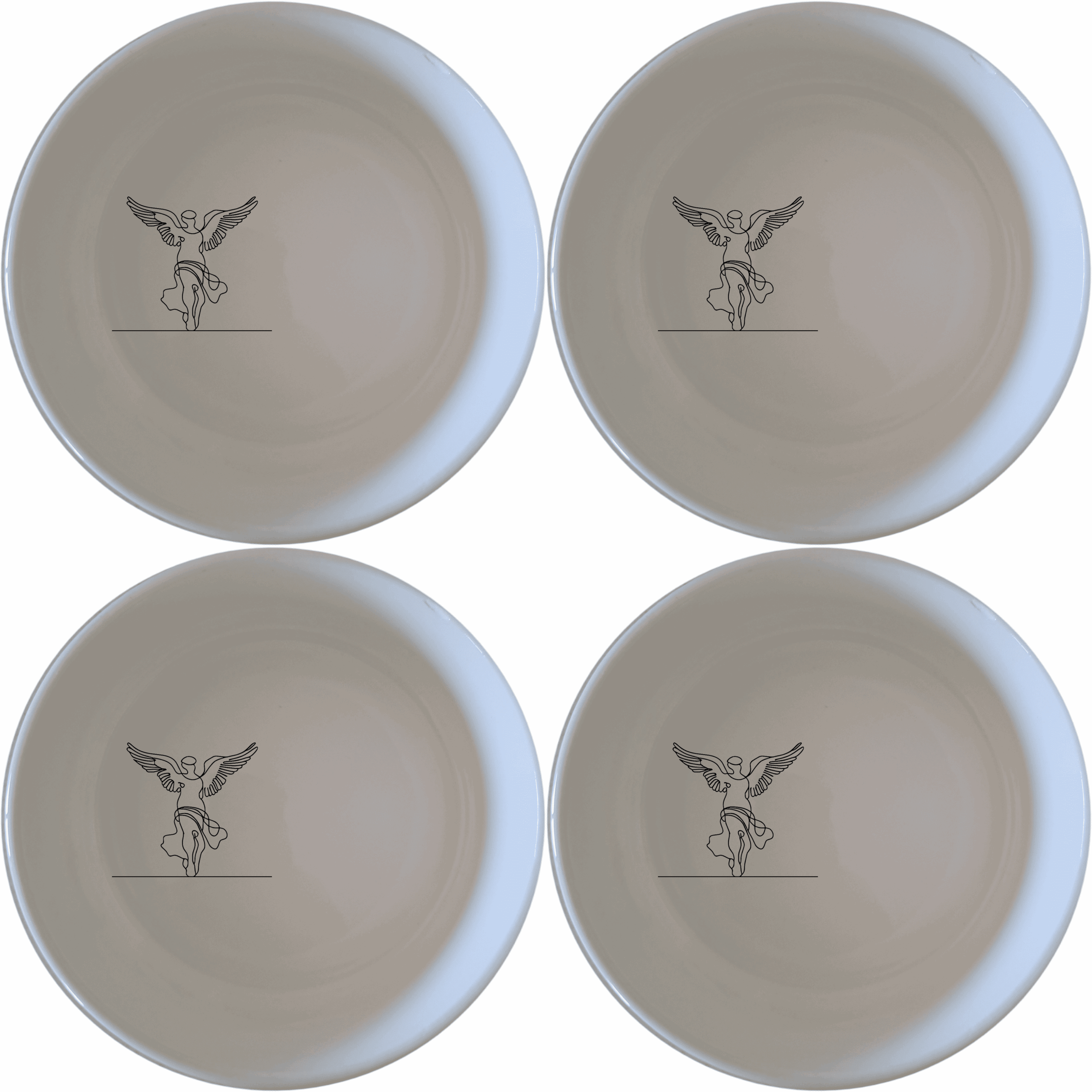 The Nike Of Samothrace Bowl Set of 4 - Range 1 is a stunning collection of four elegant ceramic bowls, each featuring a laser-etched design of the iconic Nike of Samothrace statue. These bowls are perfect for adding a touch of classical elegance to your dining experience.