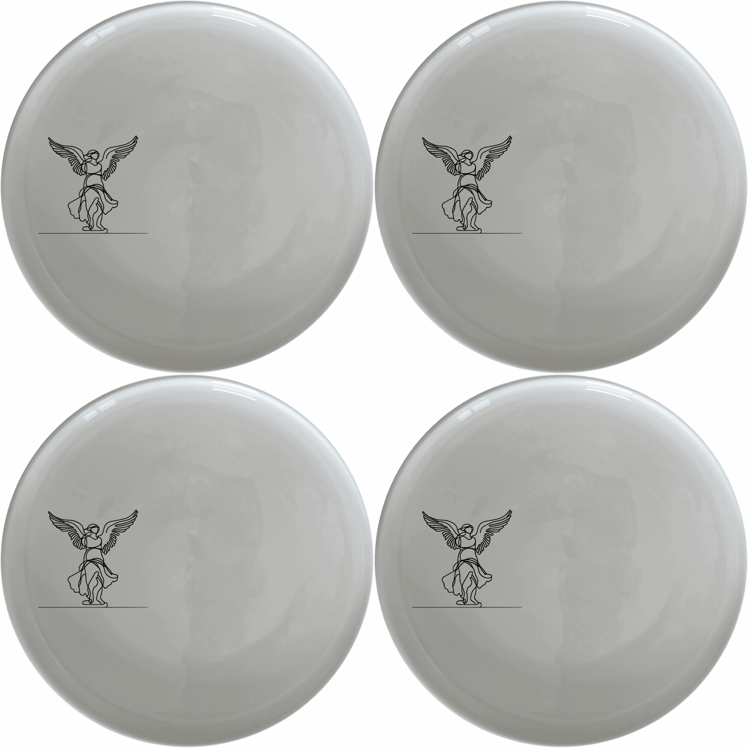 Nike Of Samothrace Side Plate Set of 4 - Range 2 is a stunning collection of four 21cm white ceramic side plates featuring an elegant laser-etched design of the iconic Nike of Samothrace statue. Perfect for modern dining, these plates are dishwasher and microwave safe, making them both beautiful and practical for everyday use.