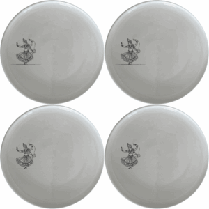 North Indian Cultural Imagery Dinner Plate Set of 4 showcases traditional dance art on white ceramic plates, perfect for everyday use or special occasions.