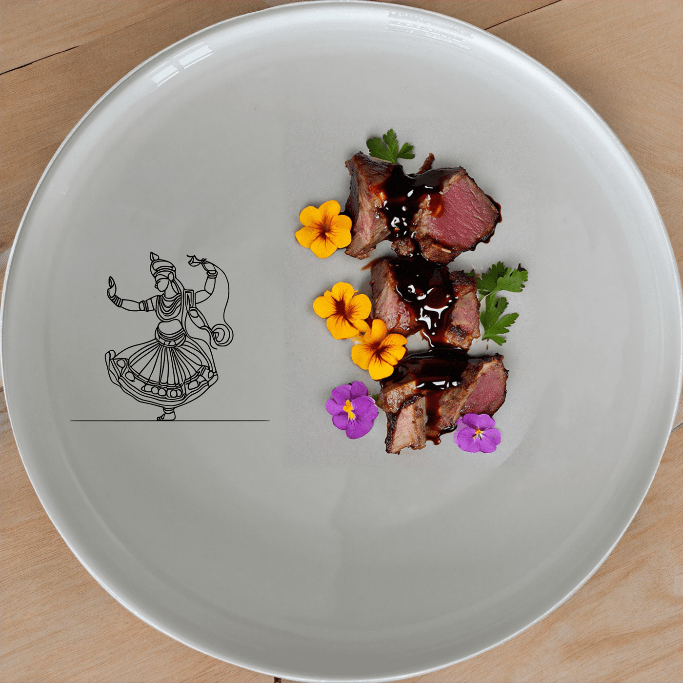 North Indian Cultural Imagery Dinner Plate Set of 4 showcases traditional dance art on white ceramic plates, perfect for everyday use or special occasions.