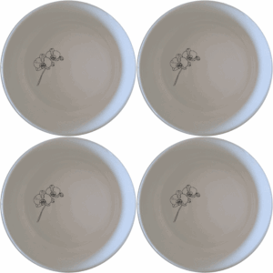 The Orchid Stems Bowl Set of 4 features delicate laser-etched orchid designs on white ceramic bowls, perfect for everyday use or special occasions.
