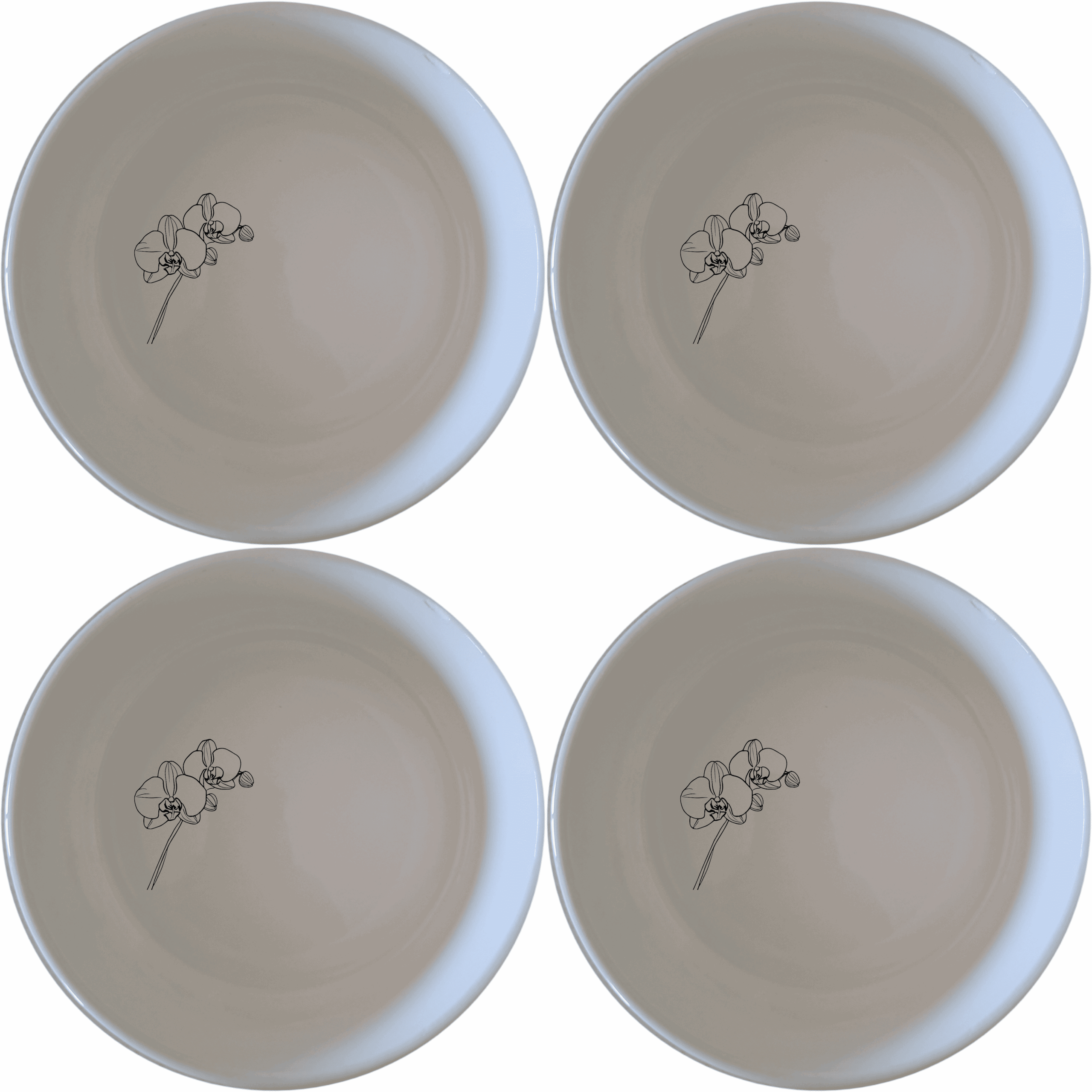 The Orchid Stems Bowl Set of 4 features delicate laser-etched orchid designs on white ceramic bowls, perfect for everyday use or special occasions.